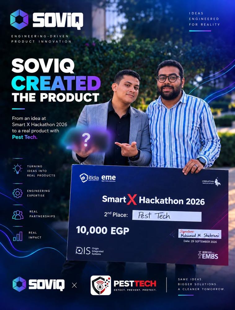 SOVIQ announcement graphic for Pest Tech, 2nd place at Smart X Hackathon 2026