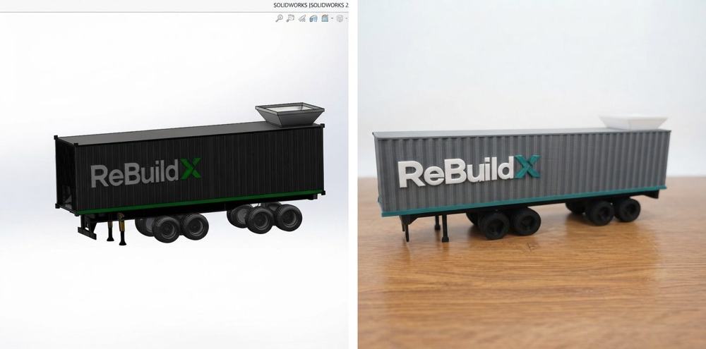 SolidWorks model beside the 3D-printed scale model of a ReBuildX container trailer